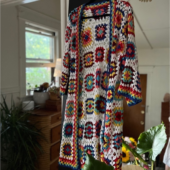 Vintage Sweaters - Vintage handmade granny square long duster